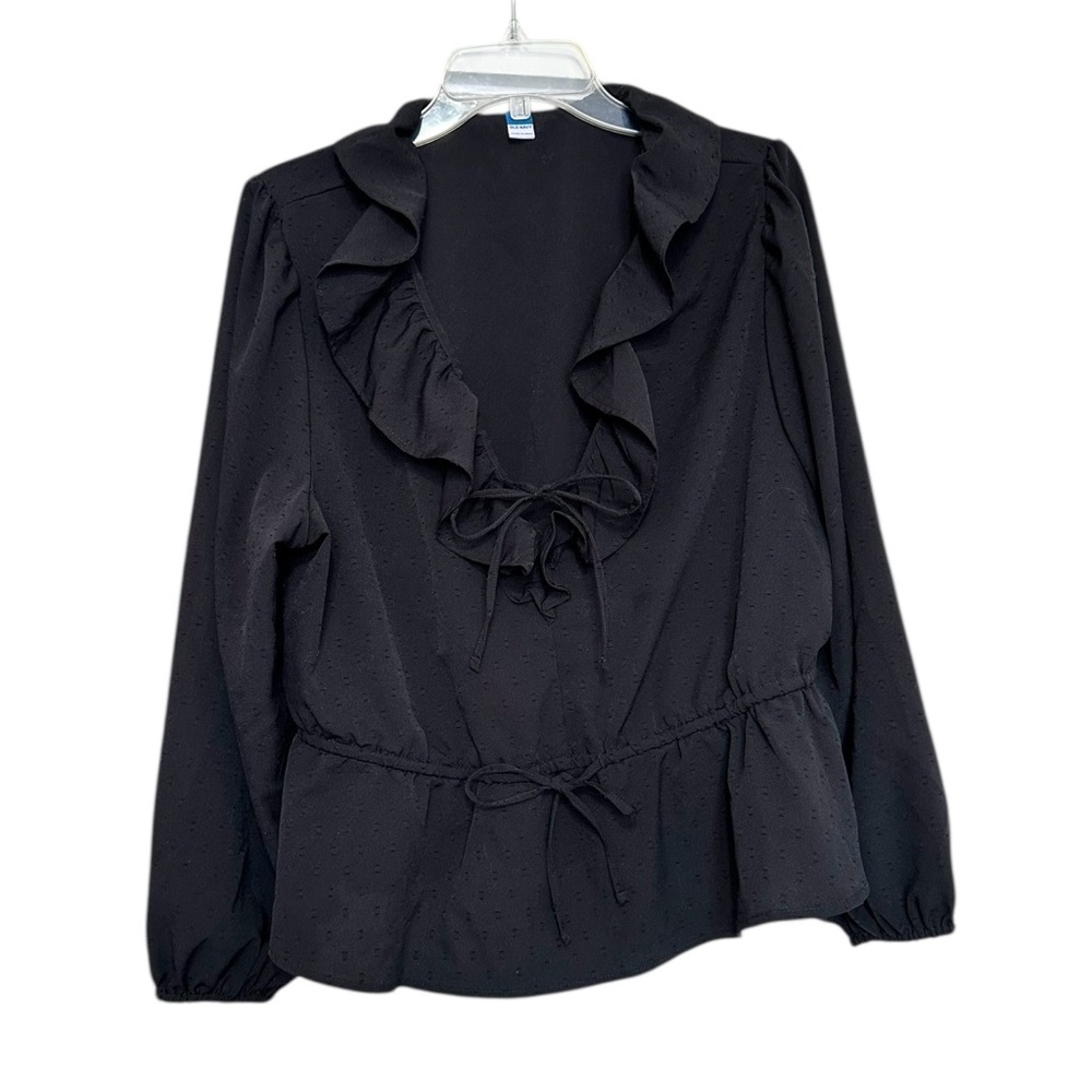 Old Navy XL Black Clip Dot Ruffle Neck Tie Front Peplum Blouse Top Whimsigoth